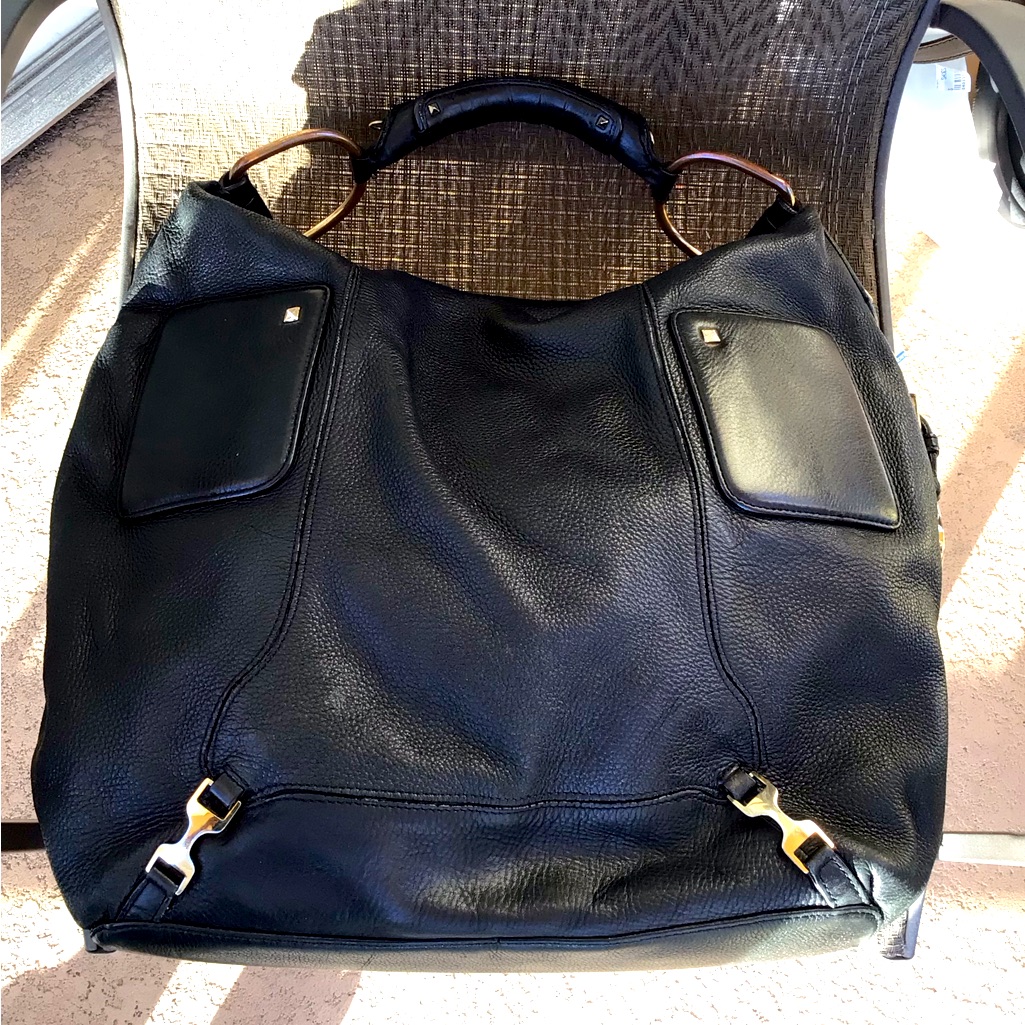 Ann Taylor Black Leather Studded Large Hobo Shoulder Bag